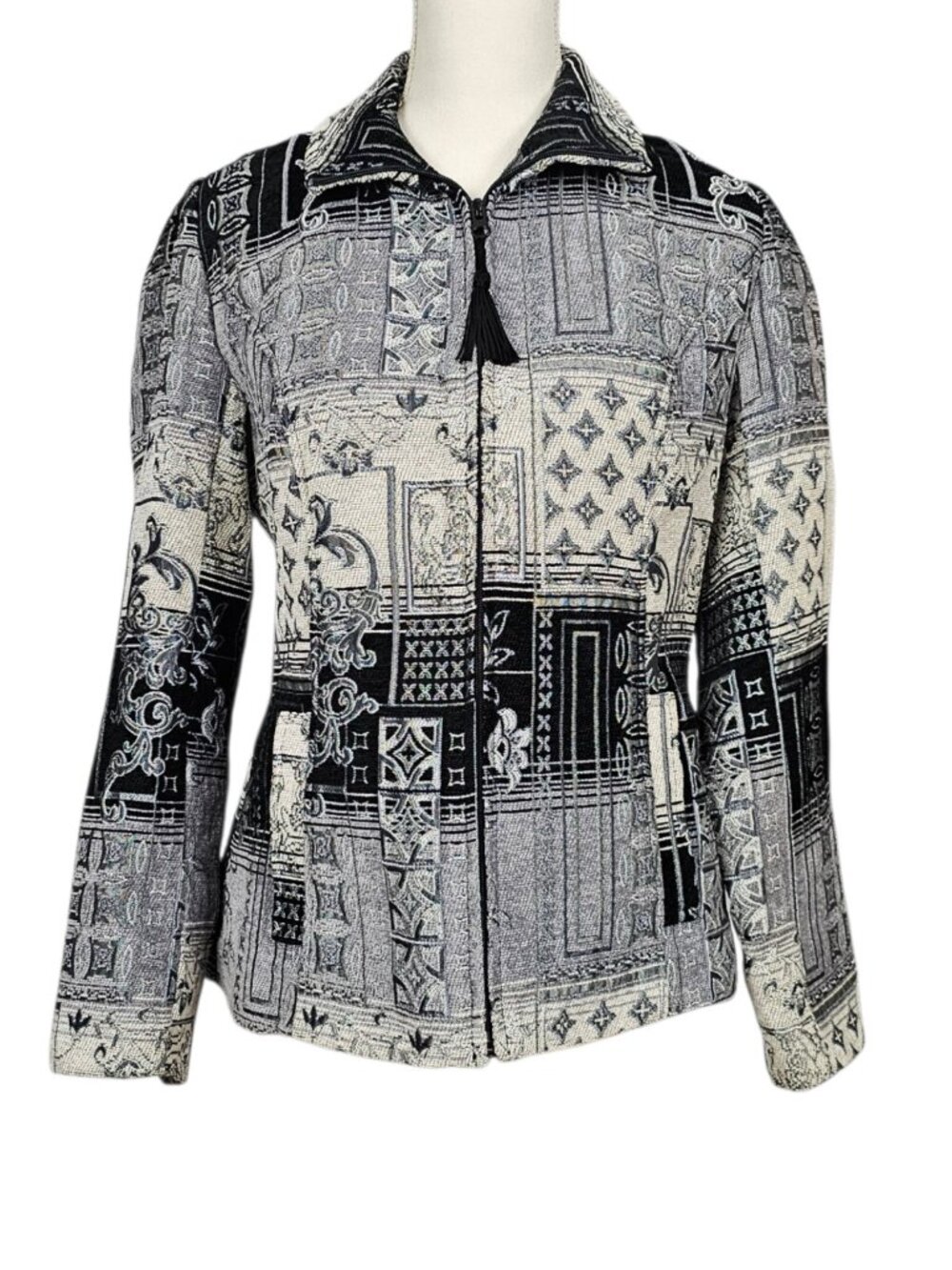 Susan Graver Jacquard Tapestry Patchwork Zip Front Boho Jacket Sz 4 Black White